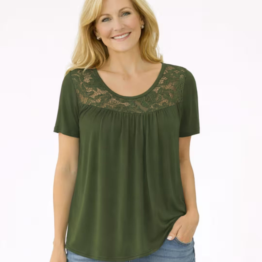 HARPER | Lace Yoke Pleated Easy-Wear Tee