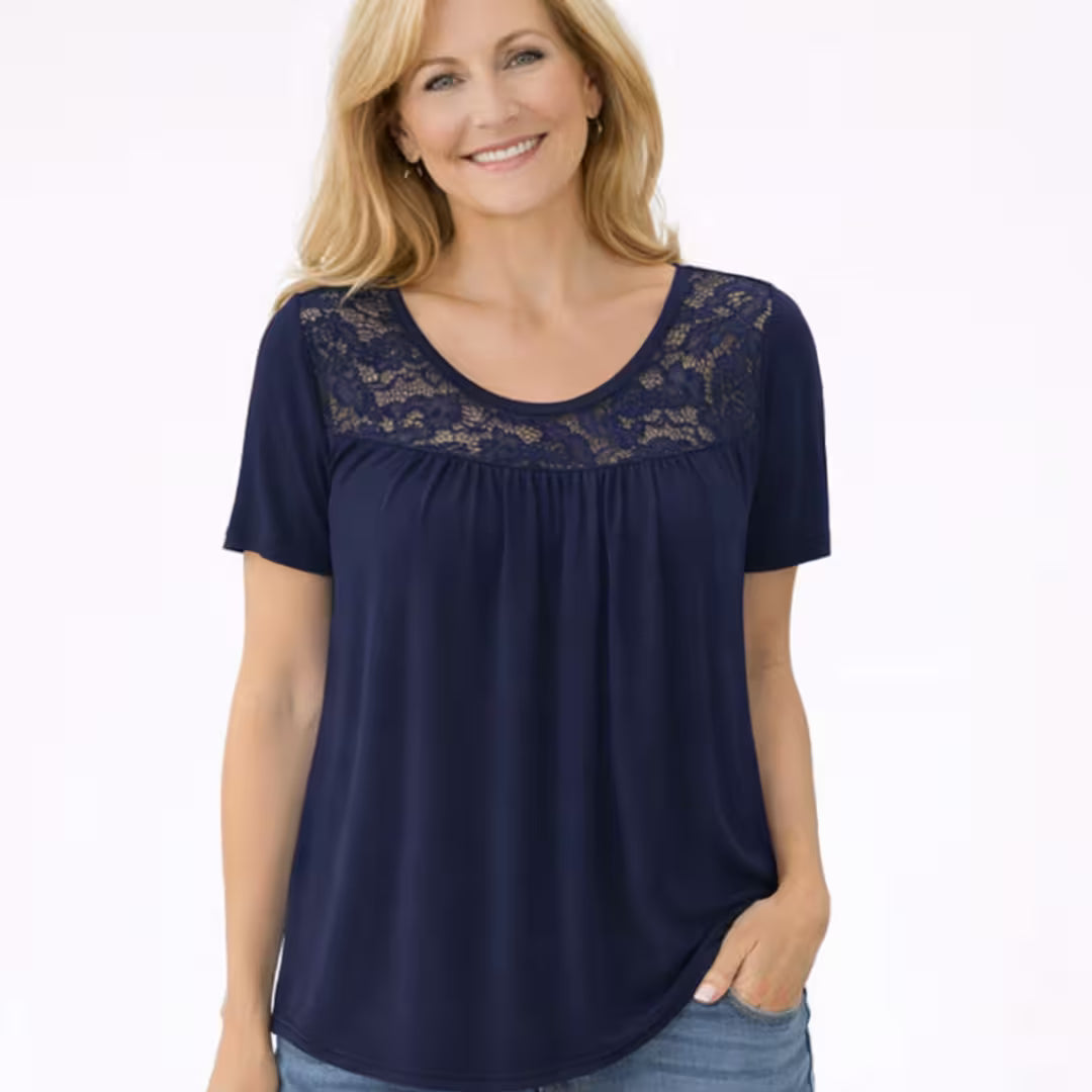 HARPER | Lace Yoke Pleated Easy-Wear Tee