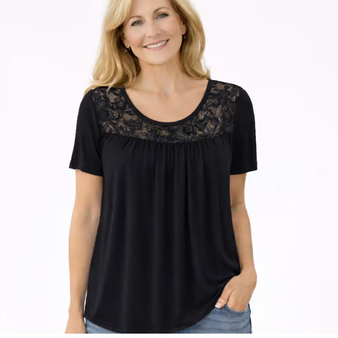 HARPER | Lace Yoke Pleated Easy-Wear Tee